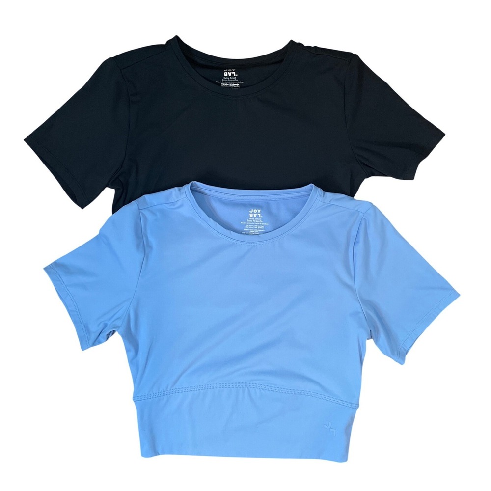 2 JoyLab Crop Tops Workout Shirts Women's XS Black/Blue Crossover Back Gym Yoga
